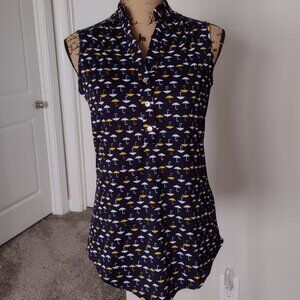 PerSeption Concept Women's Navy Umbrella Design Sleeveless 1/2 Button Small